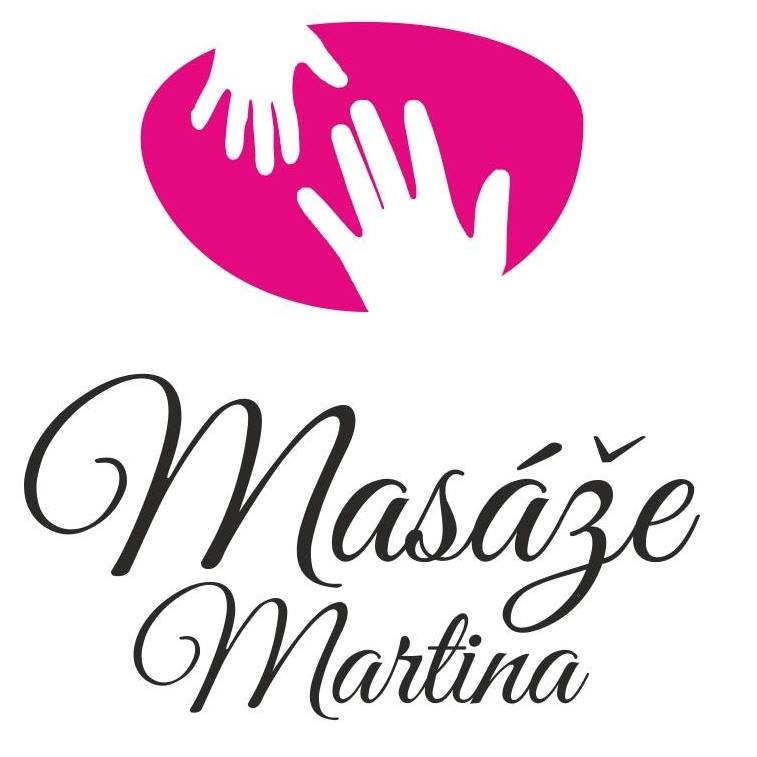 Logo. Dospela a detska ruka na ruzovem
		pozadi. Napis Martina masaze